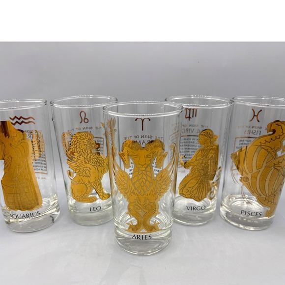 Vtg Set of 5 Gold Zodiac Astrology Glasses Tumblers Barware 22 kt gold